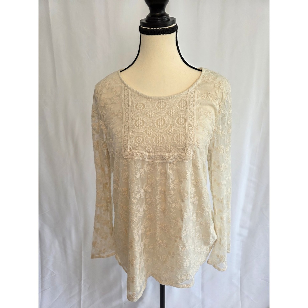Indigo Soul Lace Floral Boho Long‎ Sleeve Top Cream Ivory Women's Size L